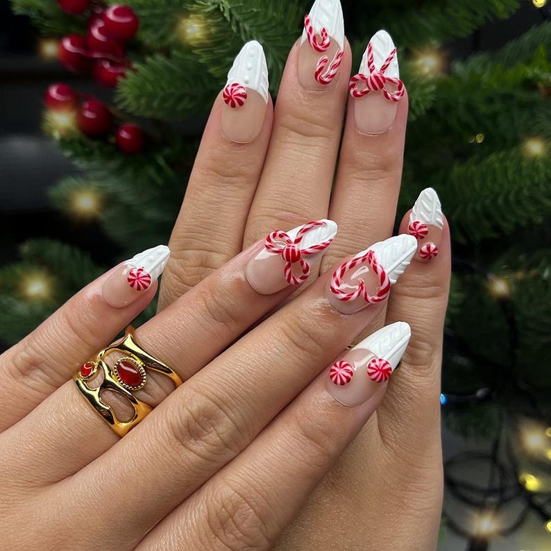 Sweet Christmas Cheer Medium Almond Press-On Nails with Cozy Sweater Texture and Candy-Inspired French Tips – Perfect Gift for Her
