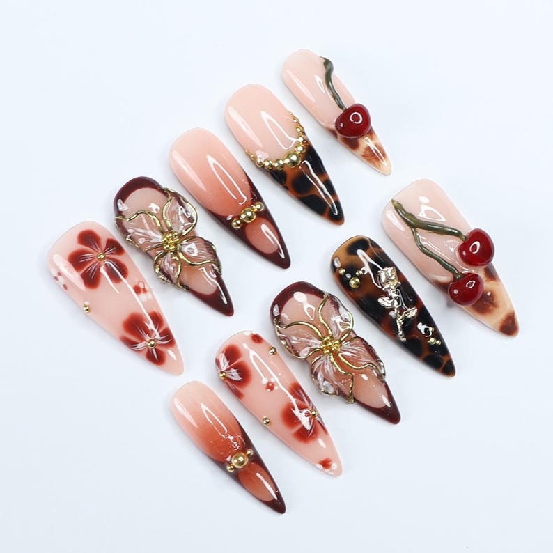 Fall Press On Nails with 3D Floral and Cherry Accents, Long Almond Tortoise Shell Nails in Neutral and Brown Tones for Autumn Look
