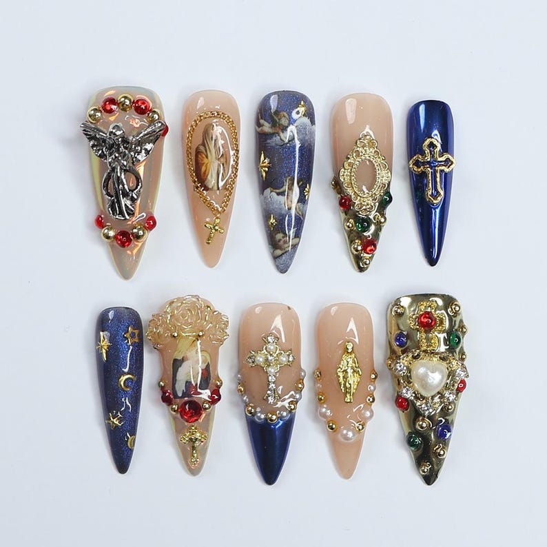 Press On Nails Angel's Gift with Silver & Gold Cross - 3D Fake Nails in Long Stiletto - Handmade Luxury Nail Art for Holiday, Gift, Birthday