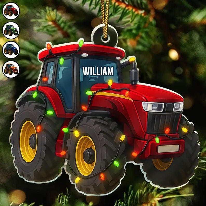 Red Tractor Christmas Decorations Personalized Custom Shaped Acrylic Ornament, Custom Name Tractor Ornament For Tractor Driver 2D Flat Ornament