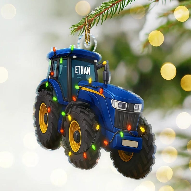 Blue Tractor Christmas Decorations Personalized Custom Shaped Acrylic Ornament, Custom Name Tractor Ornament For Tractor Driver 2D Flat Ornament