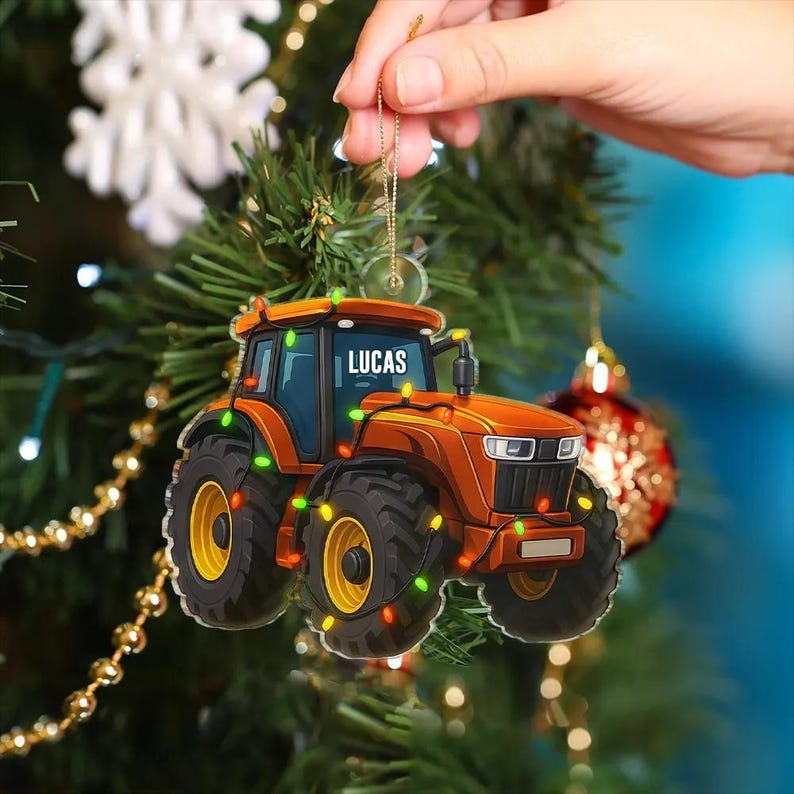 Orange Tractor Christmas Decorations Personalized Custom Shaped Acrylic Ornament, Custom Name Tractor Ornament For Tractor Driver 2D Flat Ornament
