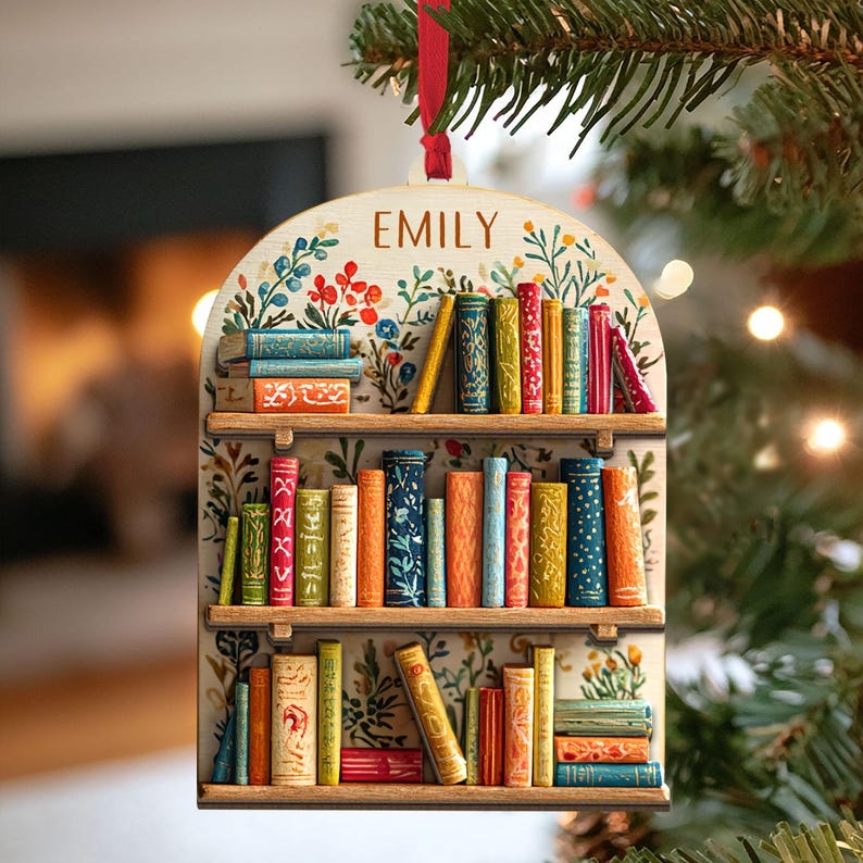 Bookshelf Christmas Ornament, Book Lover Gift, Book Club Ornament Gift, Book Exchange Gift, Bookshelf Decor, Librarian Xmas Gift