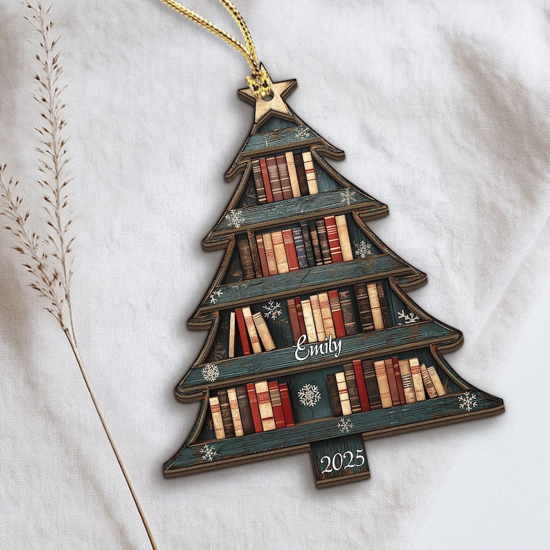 2 Layer Christmas Book Tree Wood Ornament, Christmas Tree Book Gift, Book Lover Gift, Book Club Gift, Bookish Ornament, Book Exchange Gift - Media 2