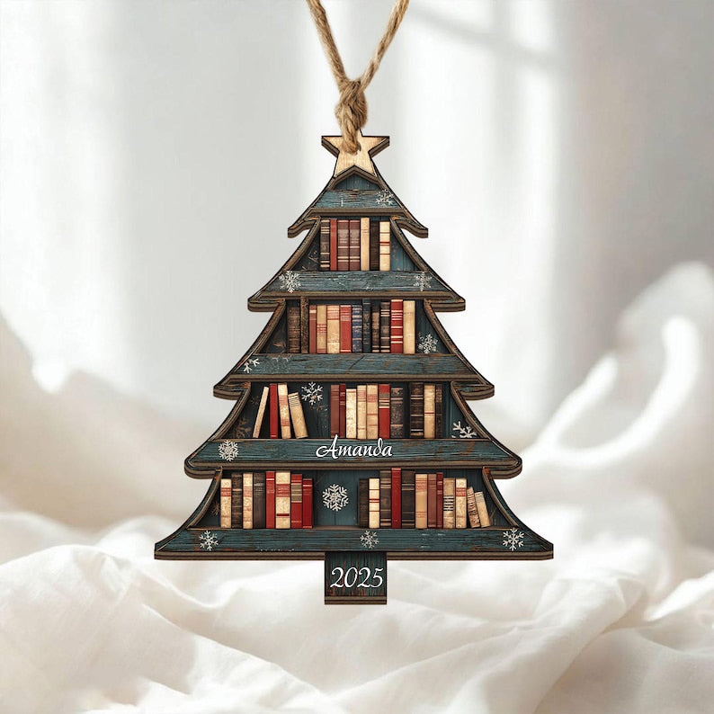 2 Layer Christmas Book Tree Wood Ornament, Christmas Tree Book Gift, Book Lover Gift, Book Club Gift, Bookish Ornament, Book Exchange Gift - Media 5