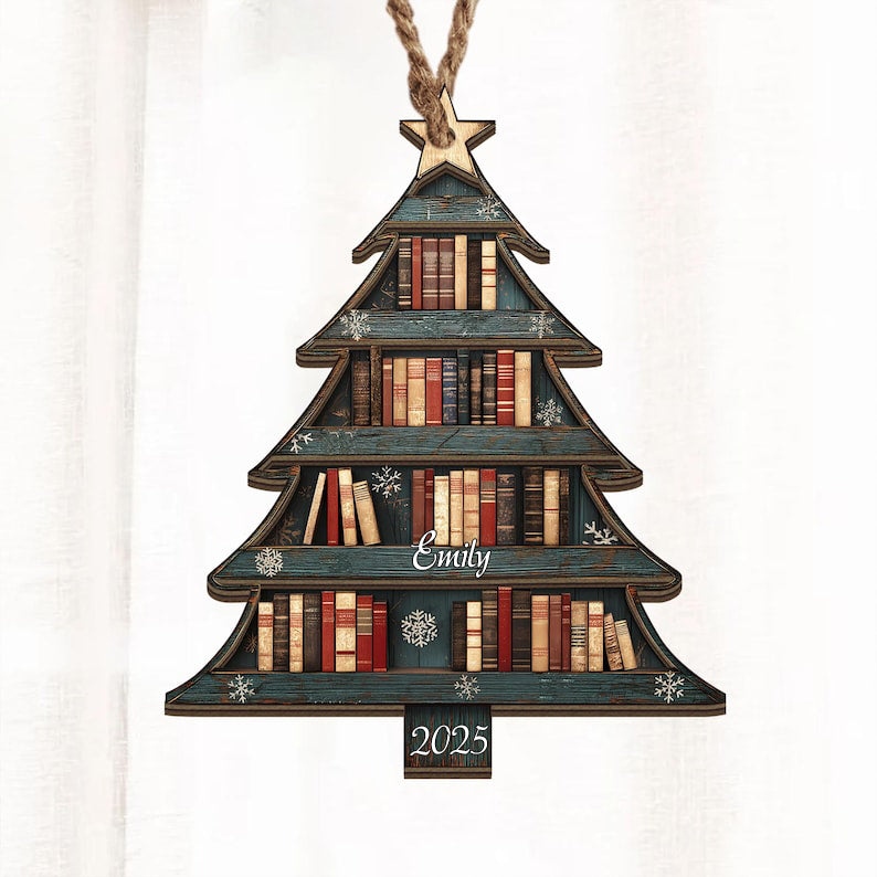 2 Layer Christmas Book Tree Wood Ornament, Christmas Tree Book Gift, Book Lover Gift, Book Club Gift, Bookish Ornament, Book Exchange Gift - Media 3
