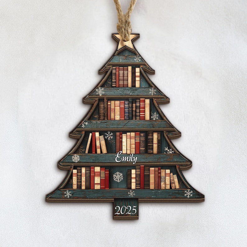 2 Layer Christmas Book Tree Wood Ornament, Christmas Tree Book Gift, Book Lover Gift, Book Club Gift, Bookish Ornament, Book Exchange Gift - Media 4