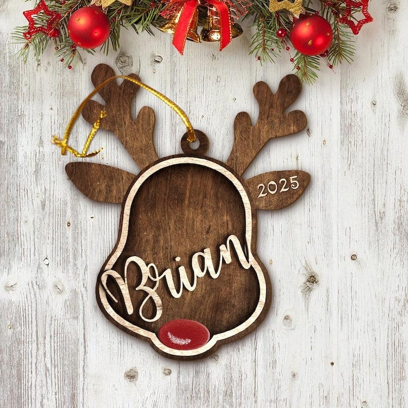 Style 1 - Personalized Reindeer Santa Ornament, Rudolph Ornament, Custom Name Ornament, Kids Christmas Gift, Family Ornament, Christmas Decoration