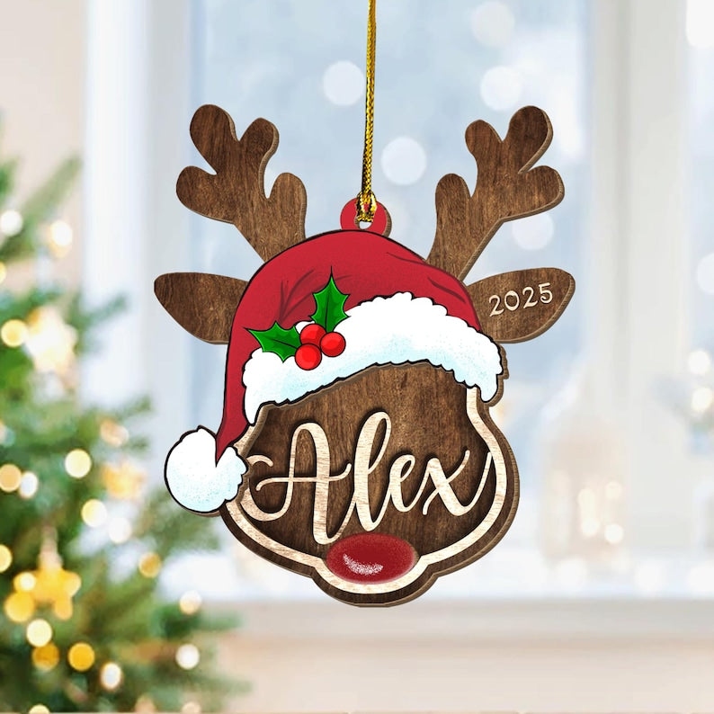Style 5 - Personalized Reindeer Santa Ornament, Rudolph Ornament, Custom Name Ornament, Kids Christmas Gift, Family Ornament, Christmas Decoration
