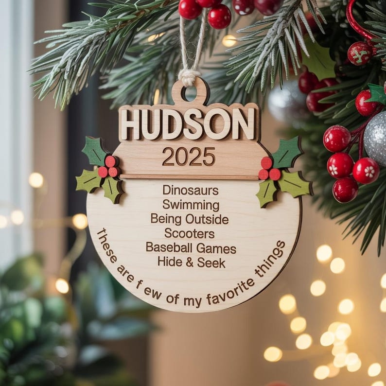 Personalized Favorite Things Ornament 2025, Custom Kids Ornament, Wooden Christmas Ornament, Holiday Keepsake Gift, Favorite Things Ornament - Media 2