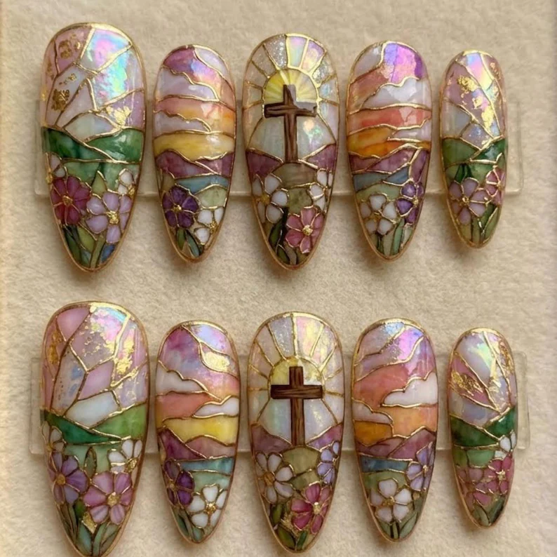 Stained Glass Cross Press On Nails, Iridescent Christian Nail Art