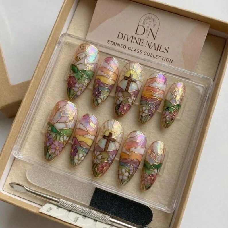 Stained Glass Cross Press On Nails, Iridescent Christian Nail Art - Media 4