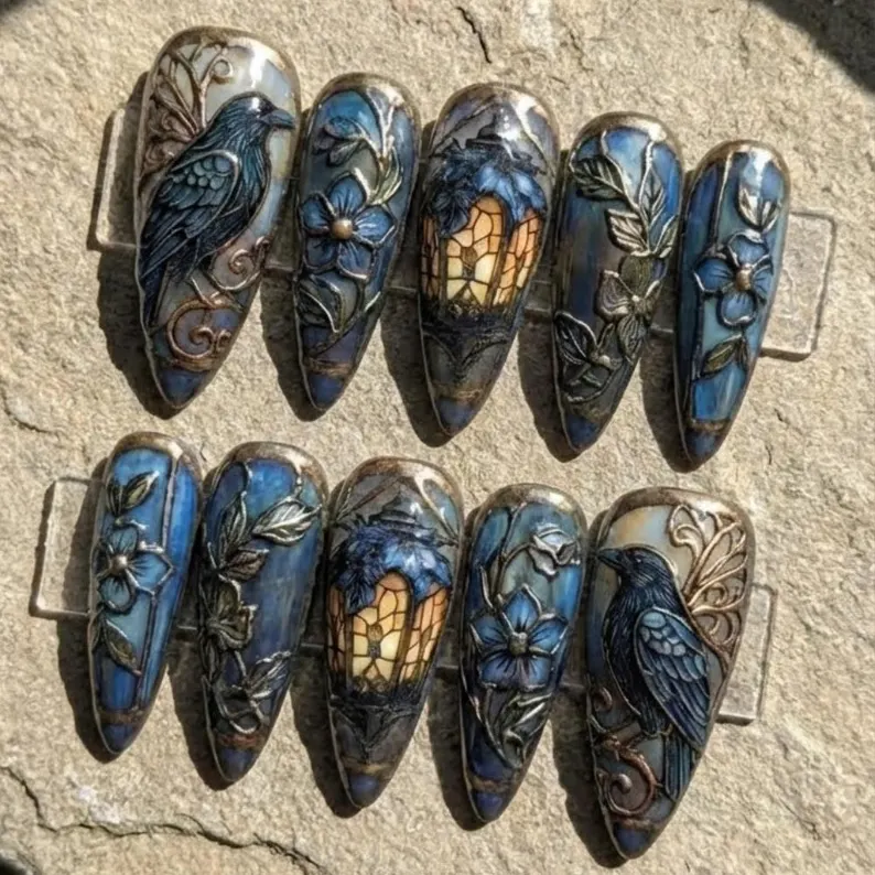 Luxury Gothic Raven Press On Nails, Hand Painted 3D Lantern Floral Nails, Dark Academia Vintage Art Fake Nails, Midnight Blue Stained Glass