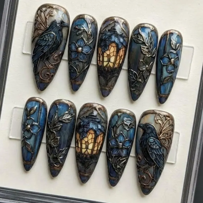 Luxury Gothic Raven Press On Nails, Hand Painted 3D Lantern Floral Nails, Dark Academia Vintage Art Fake Nails, Midnight Blue Stained Glass - Media 2