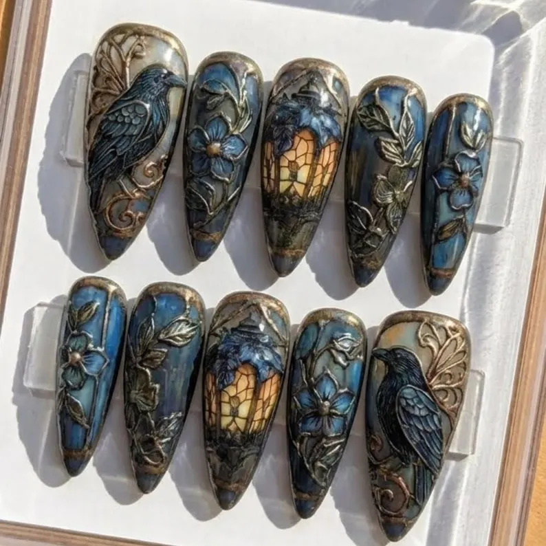 Luxury Gothic Raven Press On Nails, Hand Painted 3D Lantern Floral Nails, Dark Academia Vintage Art Fake Nails, Midnight Blue Stained Glass - Media 3