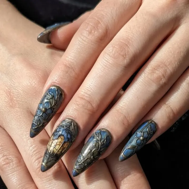 Luxury Gothic Raven Press On Nails, Hand Painted 3D Lantern Floral Nails, Dark Academia Vintage Art Fake Nails, Midnight Blue Stained Glass - Media 4