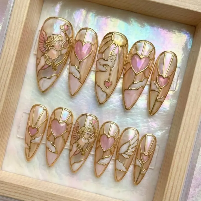 3D Cupid Press On Nails | Stained Glass Heart, Handmade - Media 3