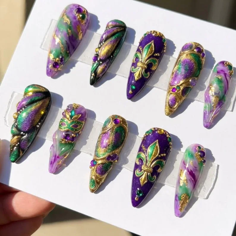 Mardi Gras Press On Nails, Luxury 3D Fleur De Lis & Mask Nails, Purple Green Gold Marble Carnival Nails, Ornate New Orleans Stiletto Nails