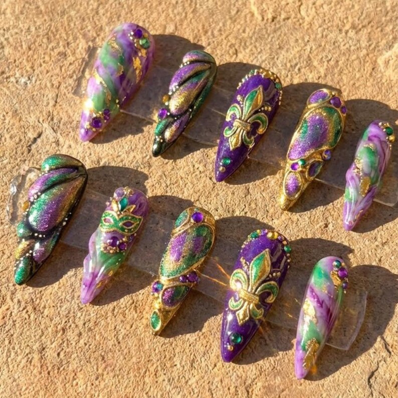 Mardi Gras Press On Nails, Luxury 3D Fleur De Lis & Mask Nails, Purple Green Gold Marble Carnival Nails, Ornate New Orleans Stiletto Nails - Media 4