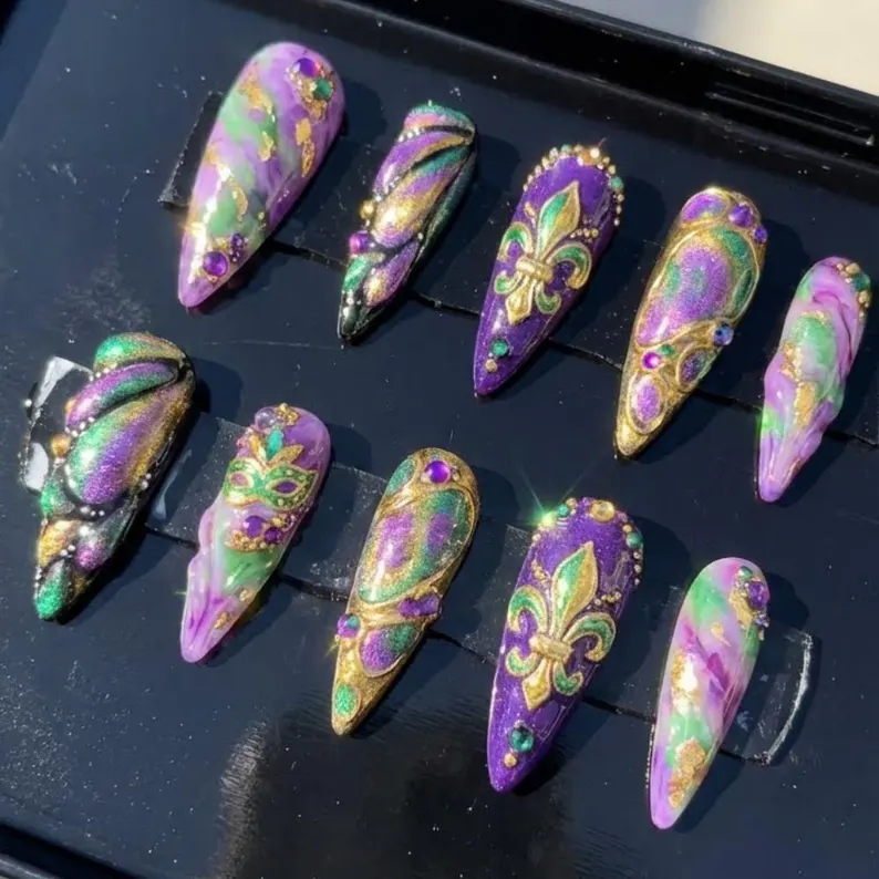 Mardi Gras Press On Nails, Luxury 3D Fleur De Lis & Mask Nails, Purple Green Gold Marble Carnival Nails, Ornate New Orleans Stiletto Nails - Media 5