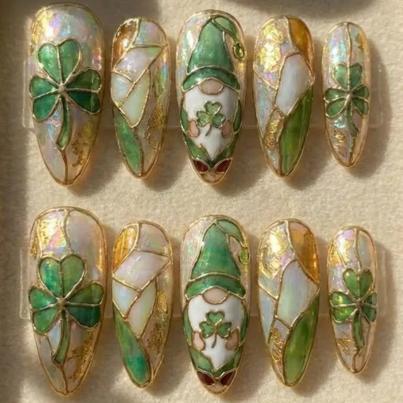 St. Patrick's Day Press On Nails, Stained Glass Gnome, Iridescent Clover, Hand Painted