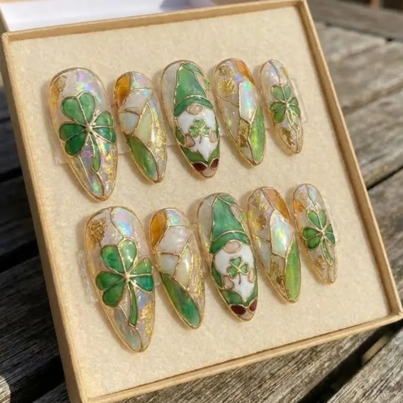 St. Patrick's Day Press On Nails, Stained Glass Gnome, Iridescent Clover, Hand Painted - Media 2