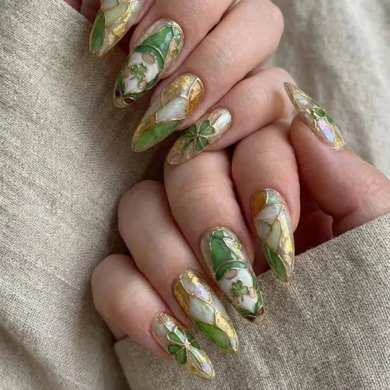 St. Patrick's Day Press On Nails, Stained Glass Gnome, Iridescent Clover, Hand Painted - Media 4