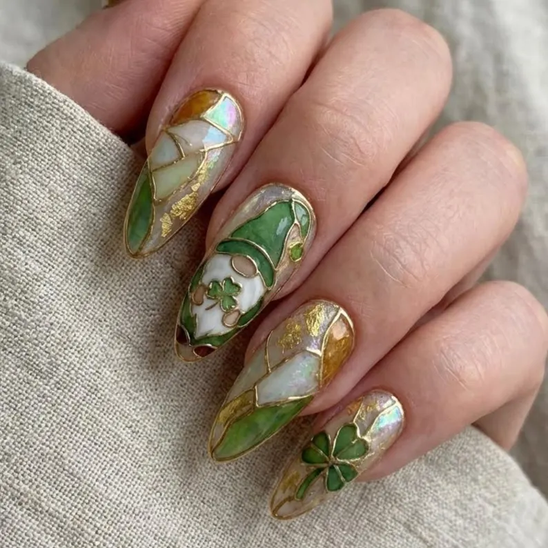 St. Patrick's Day Press On Nails, Stained Glass Gnome, Iridescent Clover, Hand Painted - Media 5