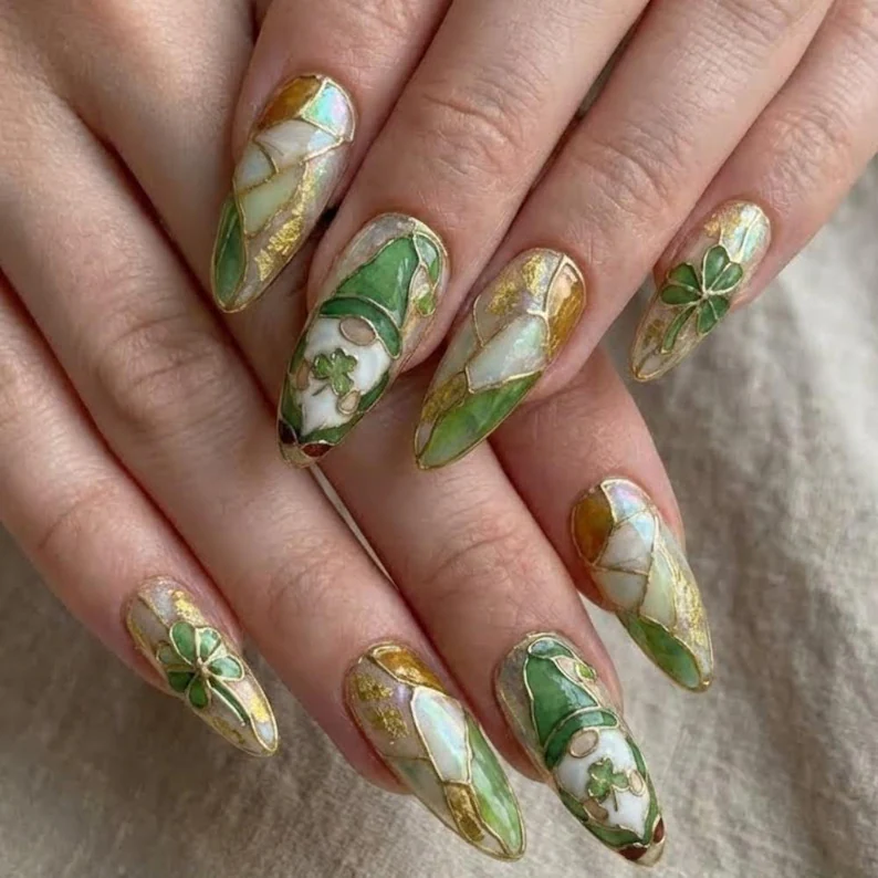 St. Patrick's Day Press On Nails, Stained Glass Gnome, Iridescent Clover, Hand Painted - Media 6
