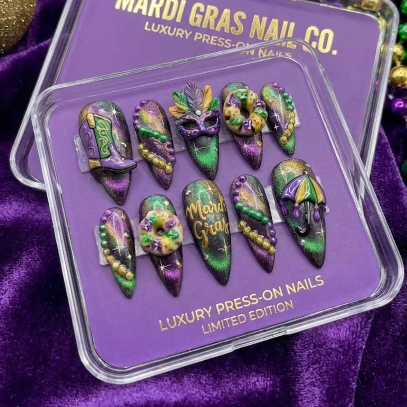 Mardi Gras Press On Nails, 3D King Cake New Orleans Luxury Nails, Purple Green Gold Magnetic Cat Eye, Carnival Masquerade Party Nails