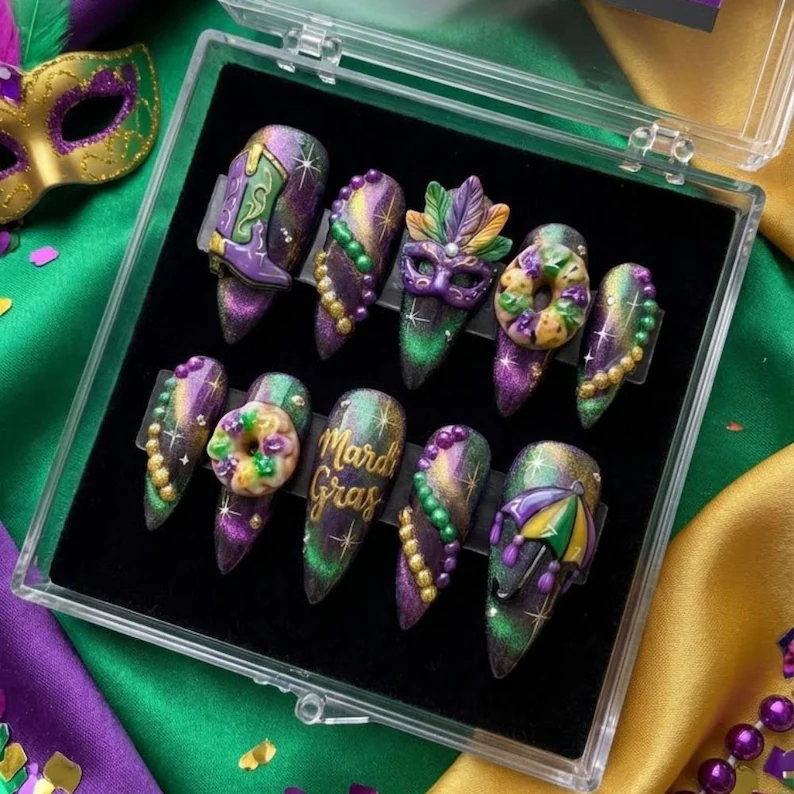 Mardi Gras Press On Nails, 3D King Cake New Orleans Luxury Nails, Purple Green Gold Magnetic Cat Eye, Carnival Masquerade Party Nails - Media 2