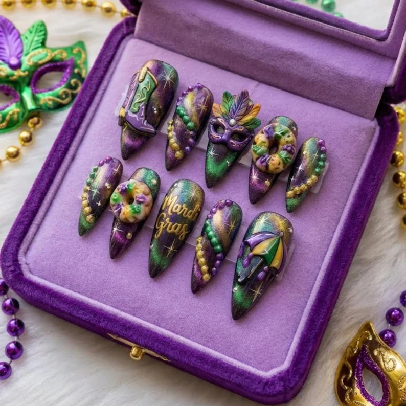 Mardi Gras Press On Nails, 3D King Cake New Orleans Luxury Nails, Purple Green Gold Magnetic Cat Eye, Carnival Masquerade Party Nails - Media 3