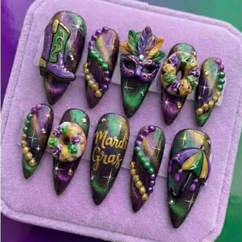 Mardi Gras Press On Nails, 3D King Cake New Orleans Luxury Nails, Purple Green Gold Magnetic Cat Eye, Carnival Masquerade Party Nails - Media 4