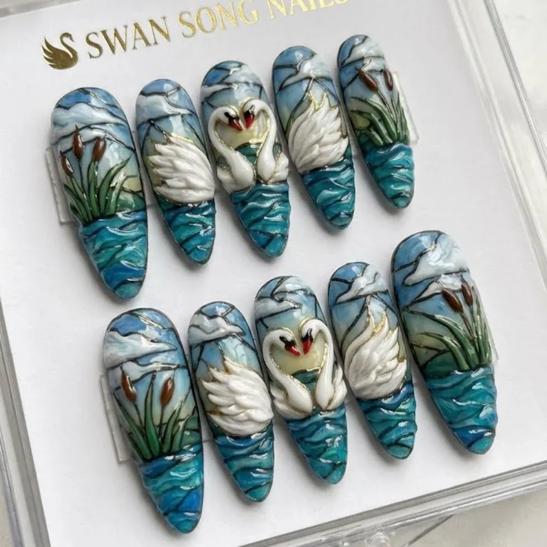Stained Glass Swan Press On Nails | 3D Swan Couple, Hand-Painted