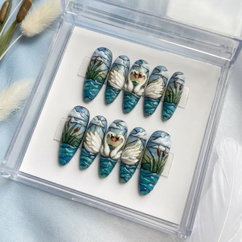 Stained Glass Swan Press On Nails | 3D Swan Couple, Hand-Painted - Media 2