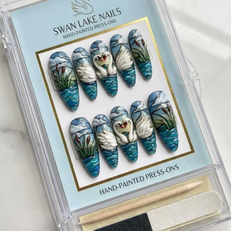 Stained Glass Swan Press On Nails | 3D Swan Couple, Hand-Painted - Media 3