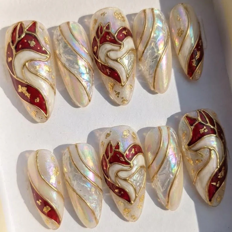 Stained Glass Fox Press On Nails, 3D Gold Kitsune Art Nouveau Nails