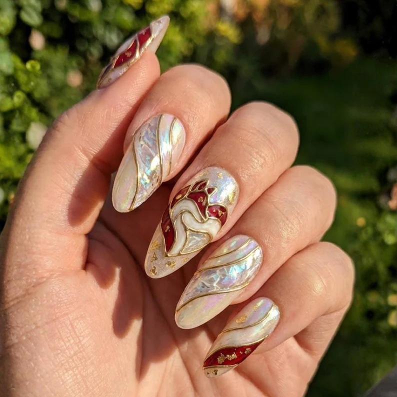 Stained Glass Fox Press On Nails, 3D Gold Kitsune Art Nouveau Nails - Media 2