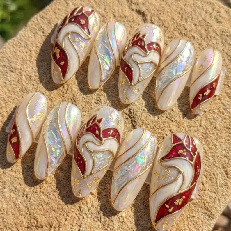Stained Glass Fox Press On Nails, 3D Gold Kitsune Art Nouveau Nails - Media 3