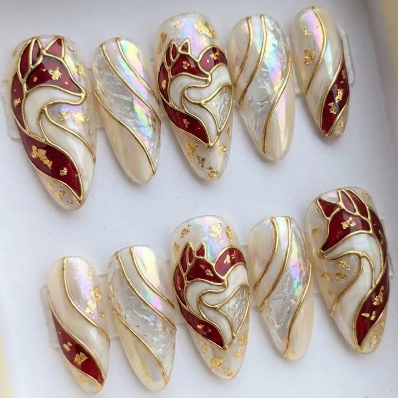 Stained Glass Fox Press On Nails, 3D Gold Kitsune Art Nouveau Nails - Media 4