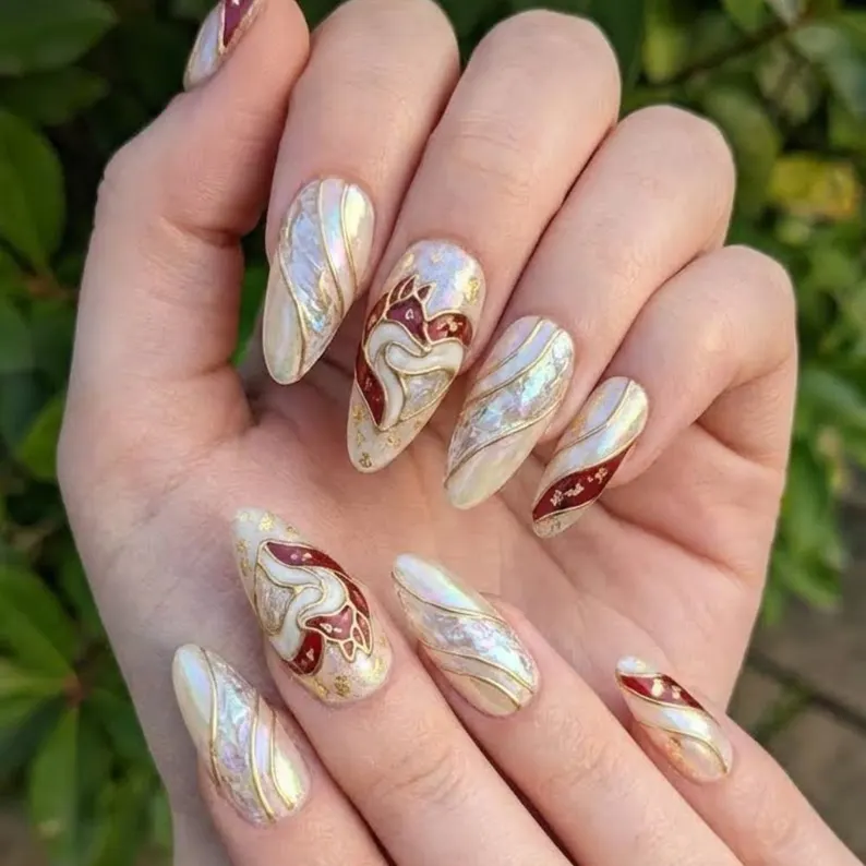Stained Glass Fox Press On Nails, 3D Gold Kitsune Art Nouveau Nails - Media 5