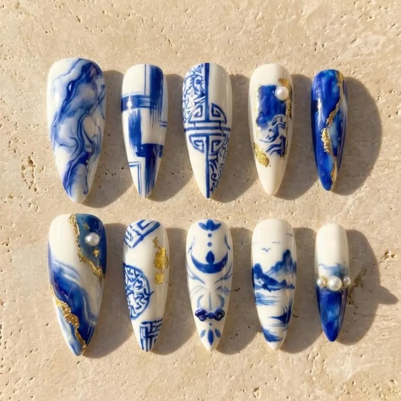 Hand-Painted Press On Nails, Blue White Porcelain, Gold Pearls - Media 4
