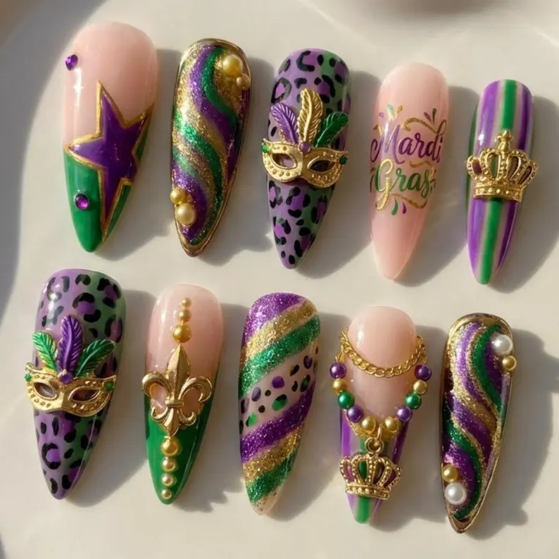 Mardi Gras Press On Nails, 3D Masquerade Jewelry, Leopard Print