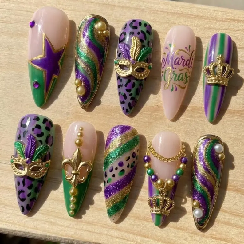 Mardi Gras Press On Nails, 3D Masquerade Jewelry, Leopard Print - Media 2