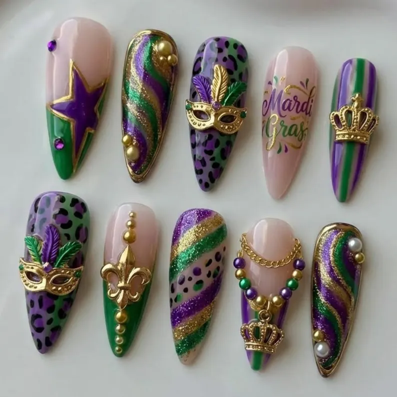 Mardi Gras Press On Nails, 3D Masquerade Jewelry, Leopard Print - Media 3