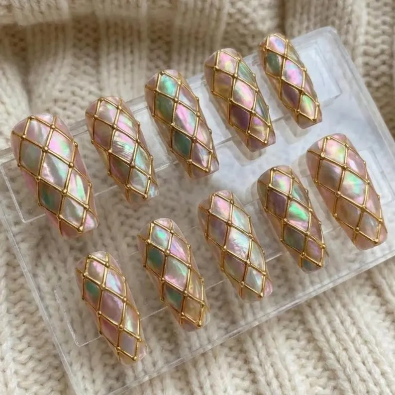 Luxury Iridescent Mother of Pearl Press on Nails, Gold 3D Diamond Grid Quilted Nails, Luminous Opal Coffin Fake Nails, Elegant Bridal Gift - Media 2