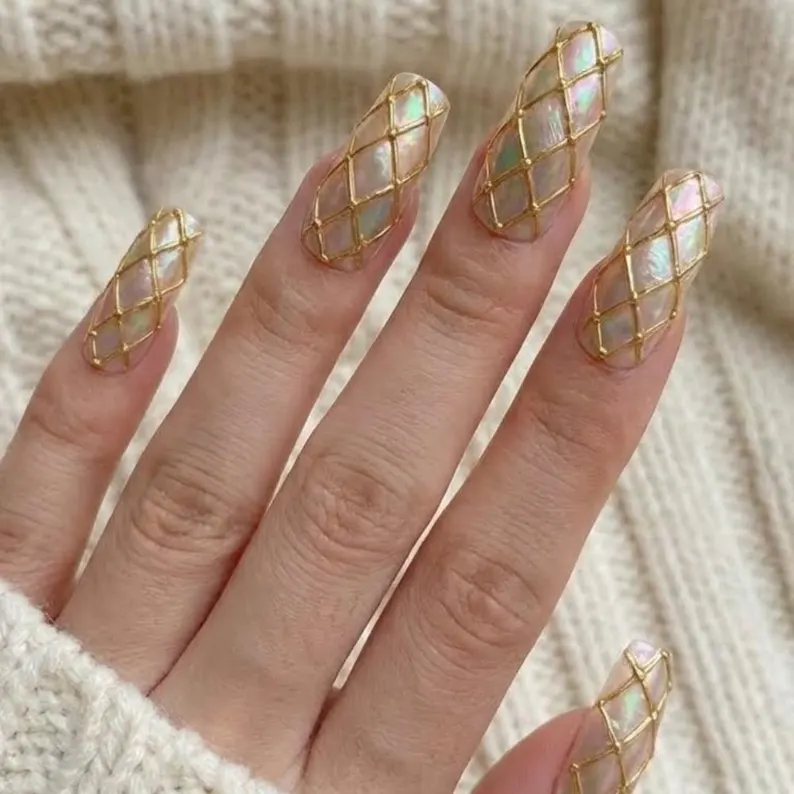 Luxury Iridescent Mother of Pearl Press on Nails, Gold 3D Diamond Grid Quilted Nails, Luminous Opal Coffin Fake Nails, Elegant Bridal Gift - Media 4