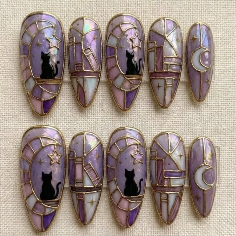 Hand Painted Black Cat Stained Glass Press On Nails, Lavender Moon & Star Celestial Nails, Mystical Library Dark Academia Luxury False Nails