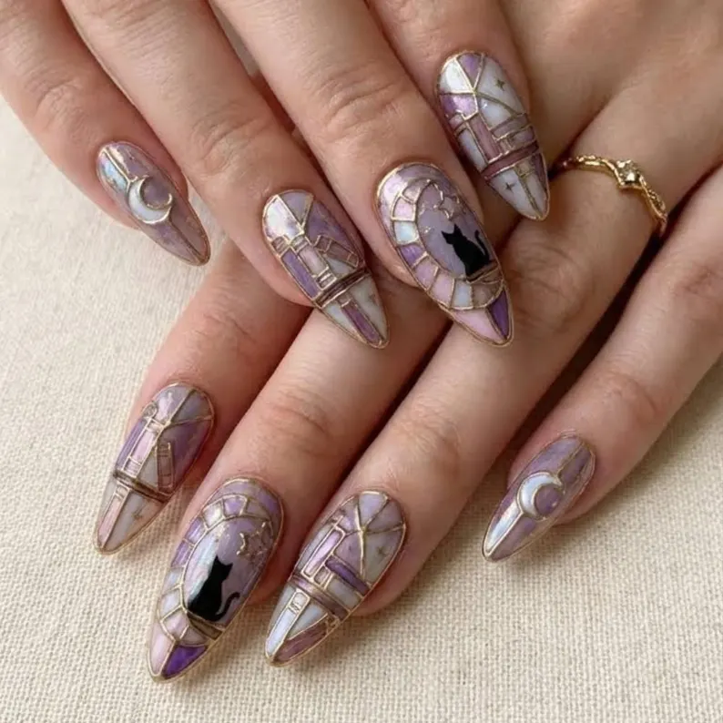 Hand Painted Black Cat Stained Glass Press On Nails, Lavender Moon & Star Celestial Nails, Mystical Library Dark Academia Luxury False Nails - Media 2