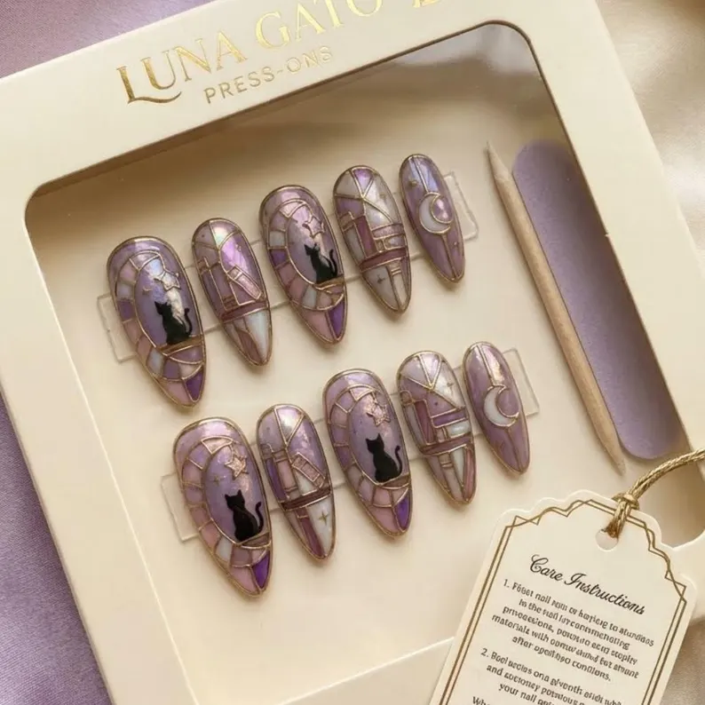 Hand Painted Black Cat Stained Glass Press On Nails, Lavender Moon & Star Celestial Nails, Mystical Library Dark Academia Luxury False Nails - Media 3